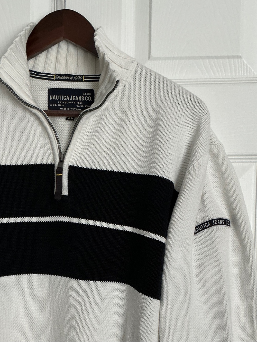 Nautica Men’s White & Black Zip-Front Stripe Sweater